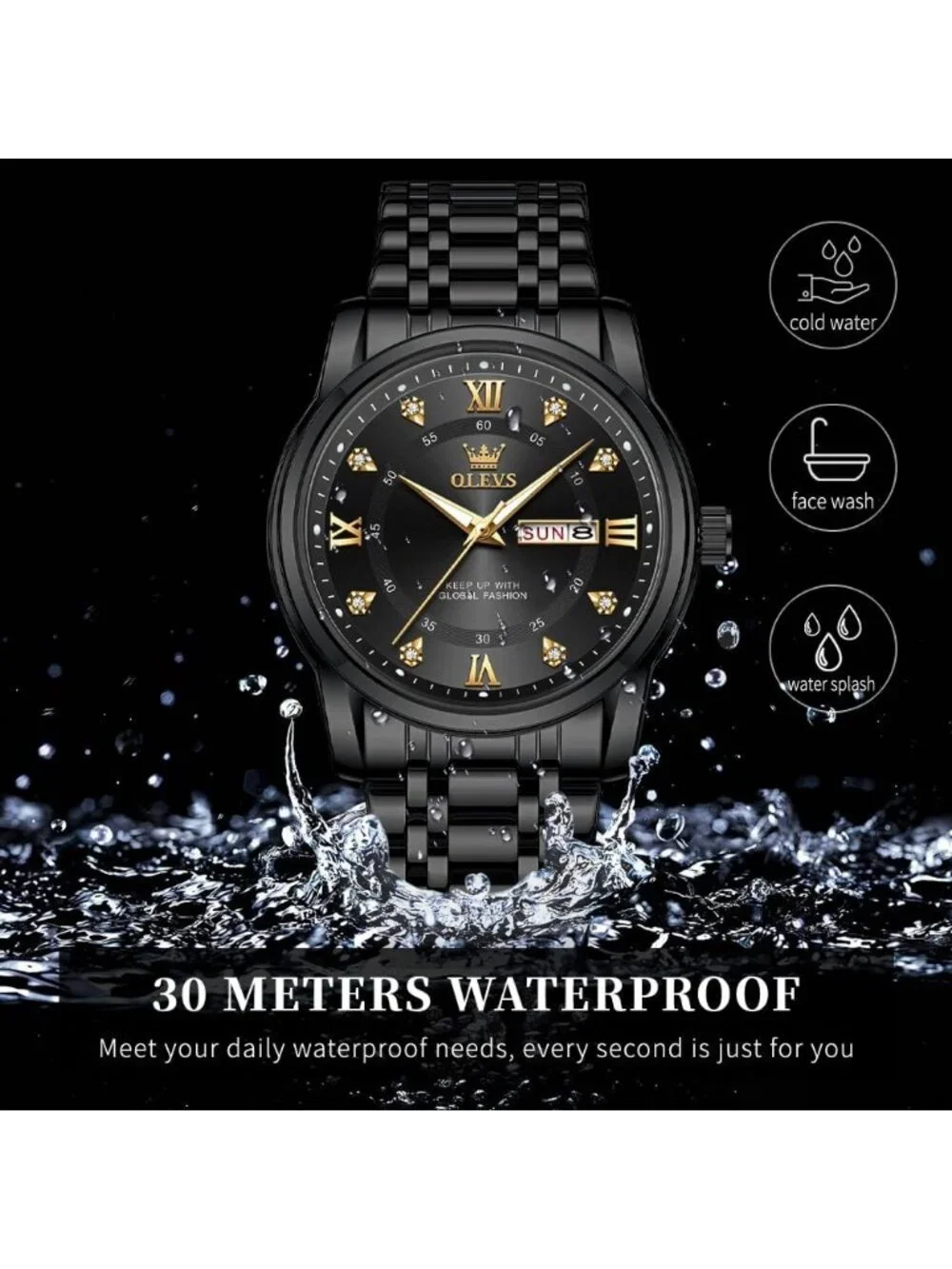 Olevs Men's Black Diamond Wrist Quartz Stainless Steel Luminous Luxury Watch